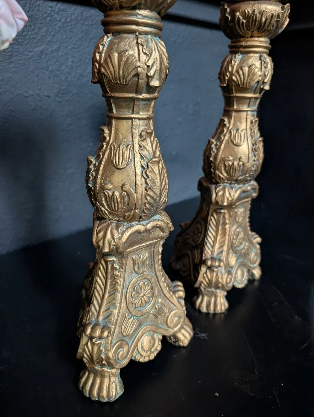 Vintage, set of 2,  Large Renaissance Style Gold Gilt Tripod Footed Large Candle